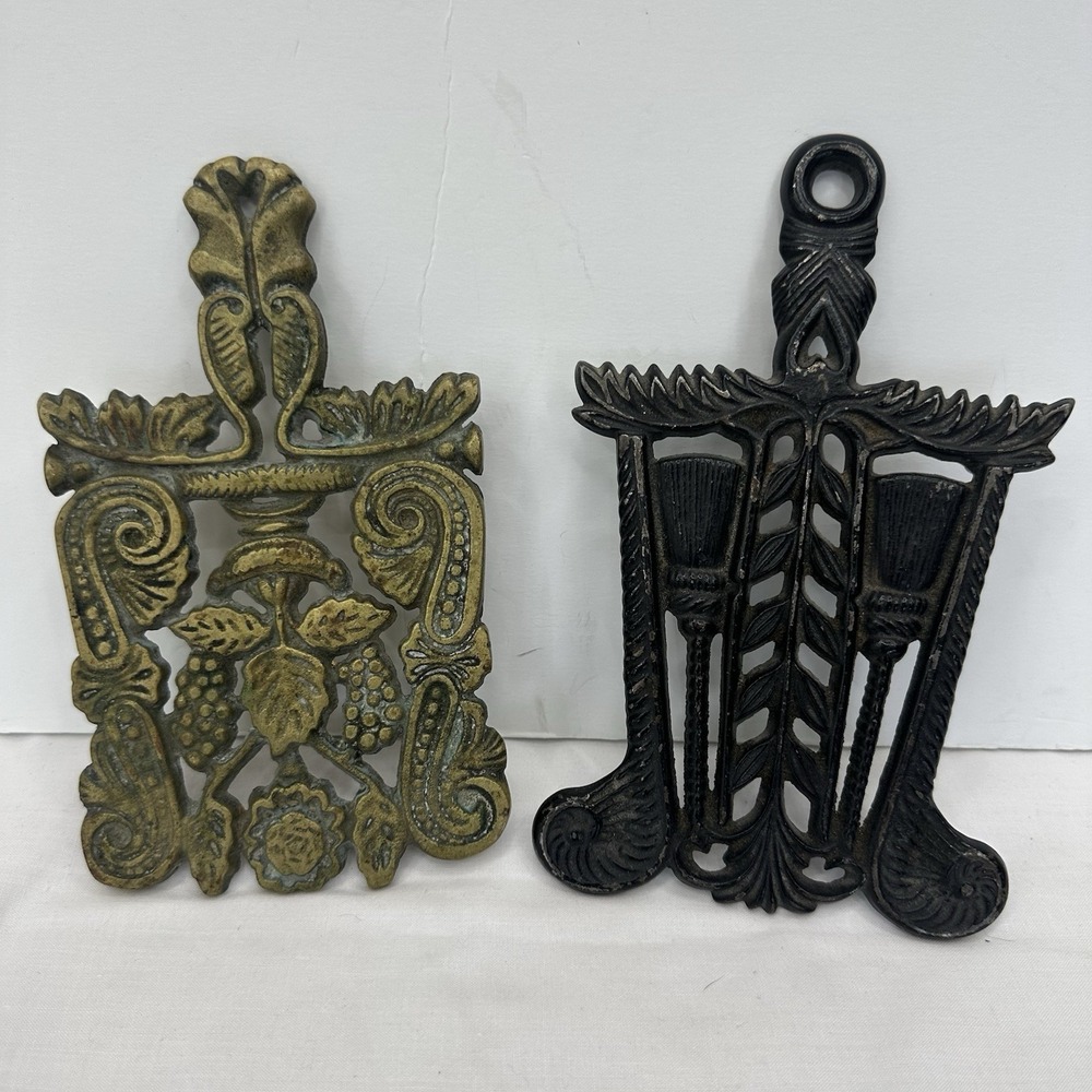 Lot 2 Vintage Trivet Brass Wilton & Black cast iron grain wheat Broom Wall Decor